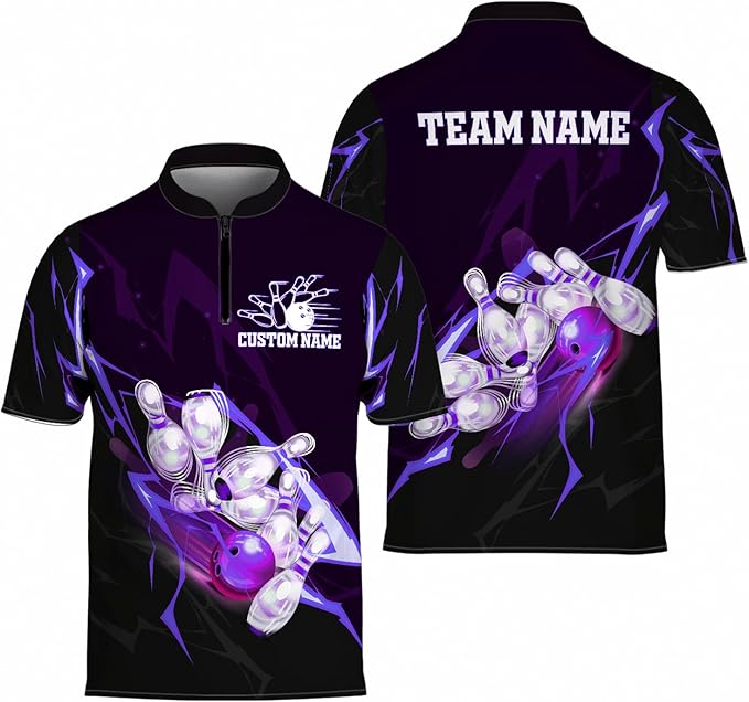 Custom Team Black And Purple Lightning Bowling Polo Shirt For Men, Custom Bowling Shirt BZ0022