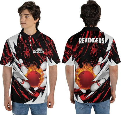 Custom Red Ball Flame Bowling Polo Shirt For Men, Custom Flame Bowling Team Shirts BZ0043