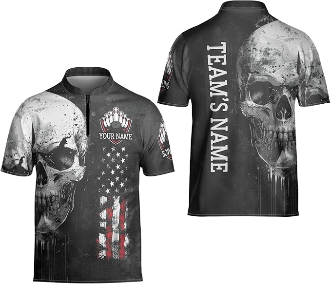 Custom Skull Bowling Jersey Shirt For Men, Custom Team Black Bowling Shirt Skull BZ0143