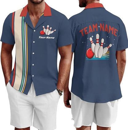 Custom Blue Retro Bowling Hawaiian Shirt For Men, Custom Retro Bowling Team Shirt  BZ0005