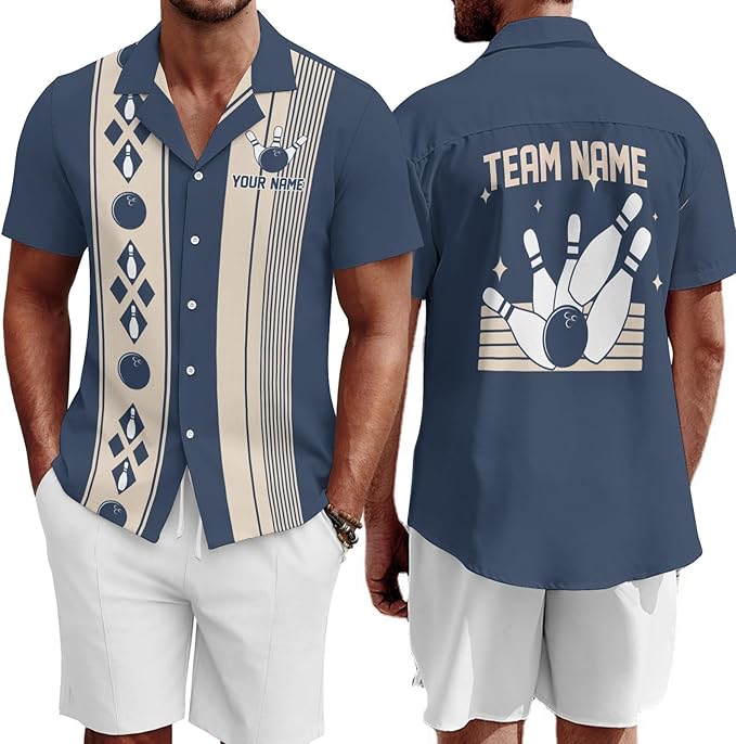 Custom Blue Vintage Bowling Hawaiian Shirt For Men, Custom Vintage Bowling Team Shirts BZ0118