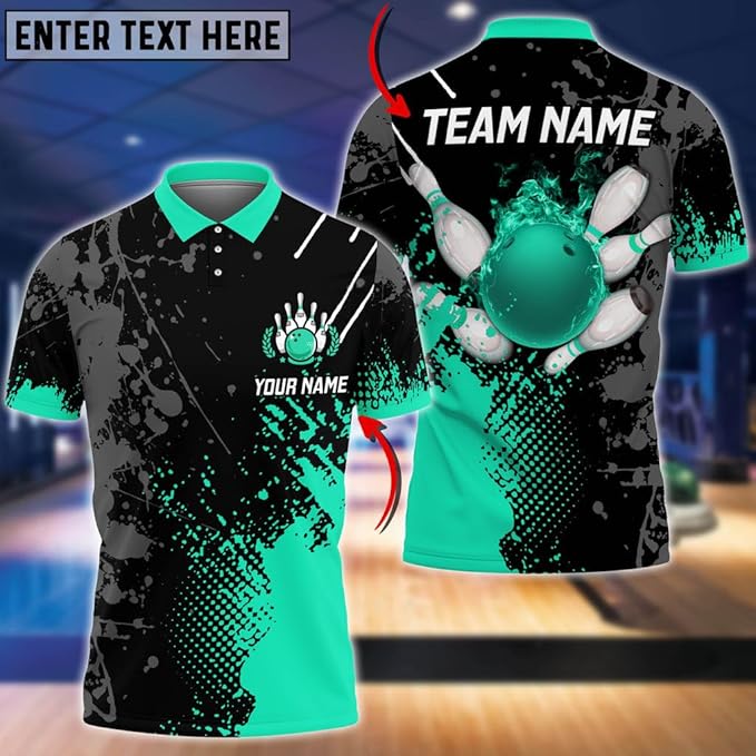 Custom Black And Blue Flame Ball Bowling Polo Shirt For Men, Custom Bowling Team Shirts BZ0086