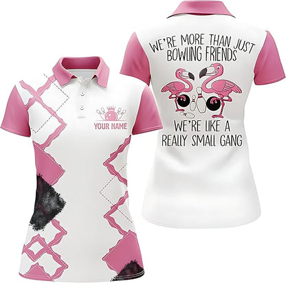 Custom We're More Than Just Bowling Friends We're Like A Really Small Gang Bowling Polo Shirt For Women, Custom White And Pink Funny Bowling Shirt BZ0110