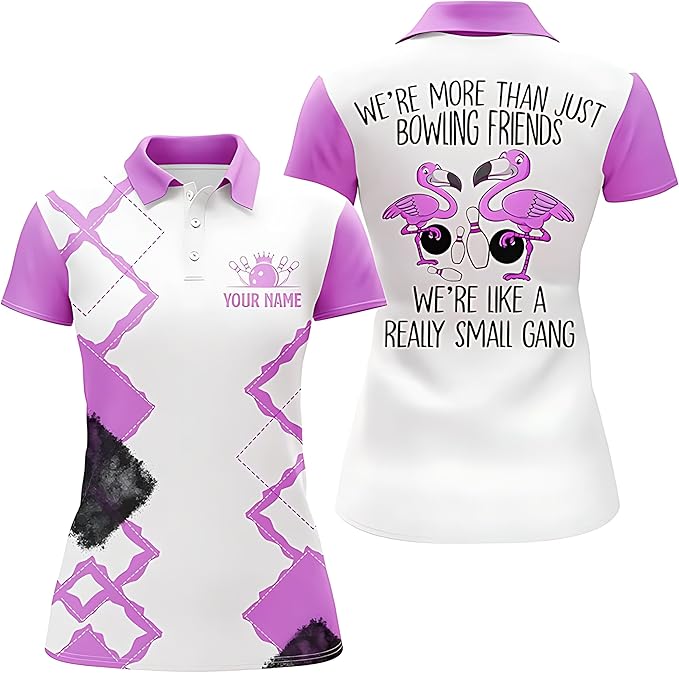 Custom We're More Than Just Bowling Friends We're Like A Really Small Gang Bowling Polo Shirt For Women, Custom White And Pink Funny Bowling Shirt BZ0110