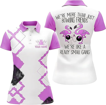 Custom We're More Than Just Bowling Friends We're Like A Really Small Gang Bowling Polo Shirt For Women, Custom White And Pink Funny Bowling Shirt BZ0110