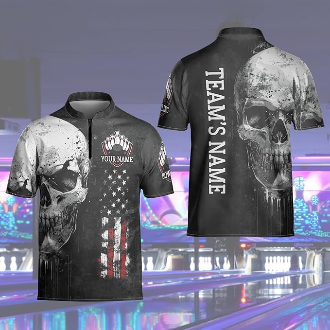 Custom Skull Bowling Jersey Shirt For Men, Custom Team Black Bowling Shirt Skull BZ0143