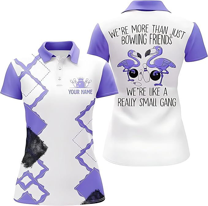 Custom We're More Than Just Bowling Friends We're Like A Really Small Gang Bowling Polo Shirt For Women, Custom White And Pink Funny Bowling Shirt BZ0110