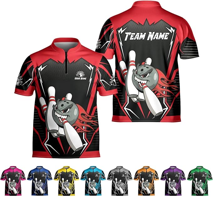 Custom Team Black And Red Bowling Jersey Shirt For Men Women, Custom Team Ball Flame Bowling Shirt BZ0042