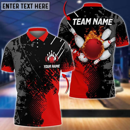 Custom Black And Blue Flame Ball Bowling Polo Shirt For Men, Custom Bowling Team Shirts BZ0086