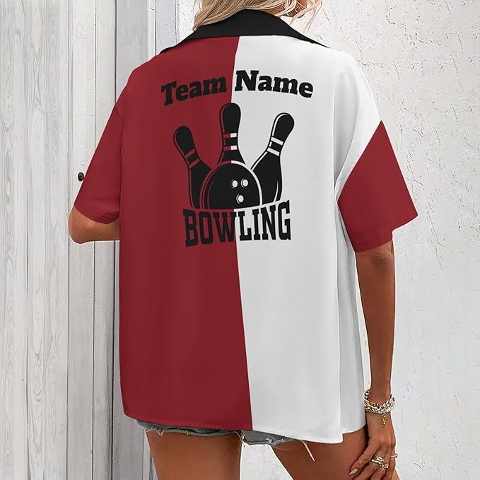 Custom Vintage Bowling Hawaiian Shirt For Women, Custom Red And White Team Bowling Shirt BZ0020