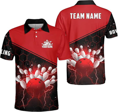 Custom Team Black And Red Bowling Polo Shirt For Men, Custom Honeycomb Bowling Team Shirt BZ0065