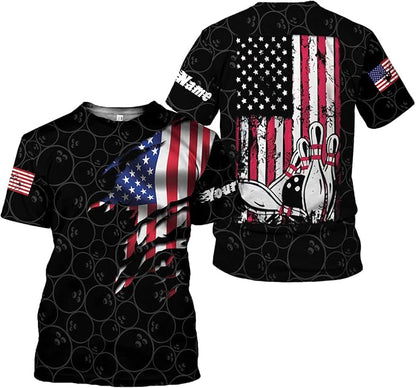 Custom American Flag Bowling T Shirt For Men, Custom Patriotic Black Bowling Shirt BZ0096