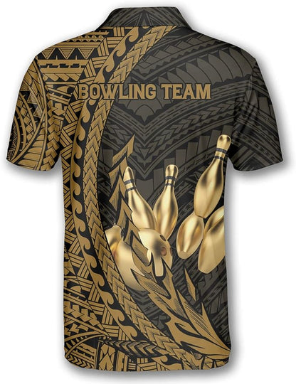 Custom Black And Gold Tribal Bowling Polo Shirt For Men, Custom Tribal Bowling Team Shirts BZ0202