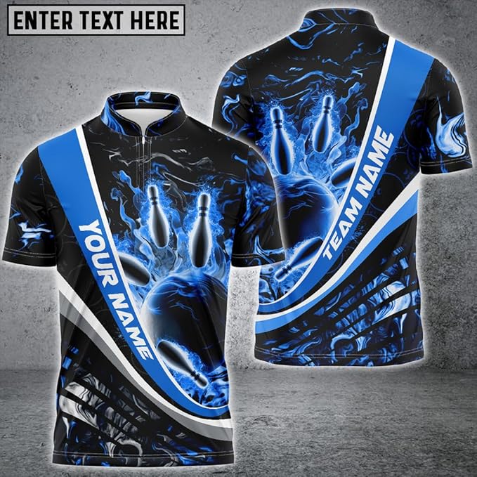 Custom Black And Blue Flame Bowling Jersey Shirt For Men, Custom Team Flame Bowling Shirt BZ0128