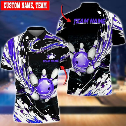 Custom Team Black And Blue Bowling Polo Shirt For Men, Custom Team Bowling Shirt BZ0026