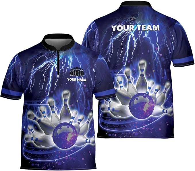 Custom Thunder Team Bowling Jerseys Shirt For Men Women, Custom Team Blue Bowling Shirt BZ0004