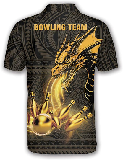 Custom Dragon Bowling Polo Shirt For Men, Custom Yellow Dragon Bowling Team Shirts BZ0047