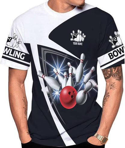 Custom Black And White Bowling T Shirt For Men, Custom Bowling Shirt BZ0077