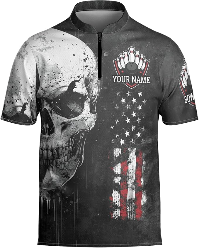 Custom Skull Bowling Jersey Shirt For Men, Custom Team Black Bowling Shirt Skull BZ0143