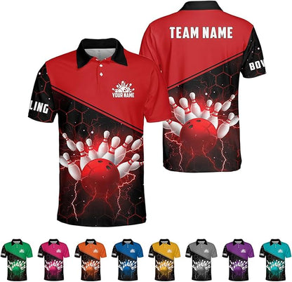 Custom Team Black And Red Bowling Polo Shirt For Men, Custom Honeycomb Bowling Team Shirt BZ0065