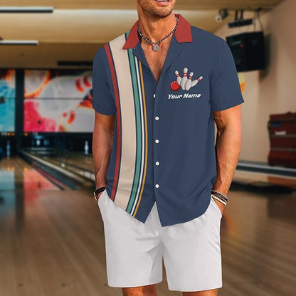 Custom Blue Retro Bowling Hawaiian Shirt For Men, Custom Retro Bowling Team Shirt  BZ0005