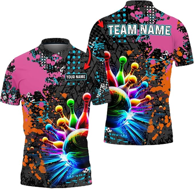 Custom Team Abstract Multicolor Bowling Polo Shirt For Men, Custom Bowling Shirt BZ0033