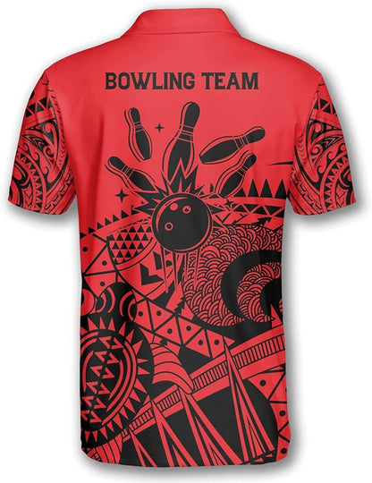 Custom Red Tribal Bowling Polo Shirt For Men, Custom Tribal Bowling Team Shirts BZ0203