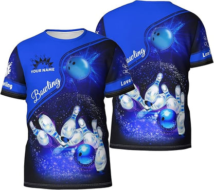 Custom Blue Bowling T Shirt For Men, Custom Bowling Shirt BZ0076