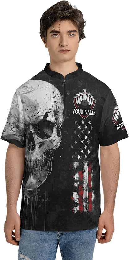 Custom Skull Bowling Jersey Shirt For Men, Custom Team Black Bowling Shirt Skull BZ0143