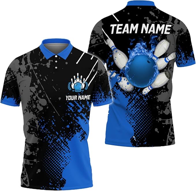 Custom Black And Blue Flame Ball Bowling Polo Shirt For Men, Custom Bowling Team Shirts BZ0086