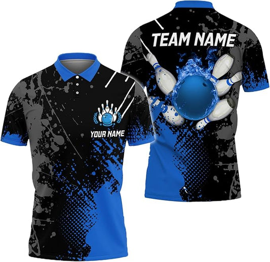 Custom Black And Blue Flame Ball Bowling Polo Shirt For Men, Custom Bowling Team Shirts BZ0086