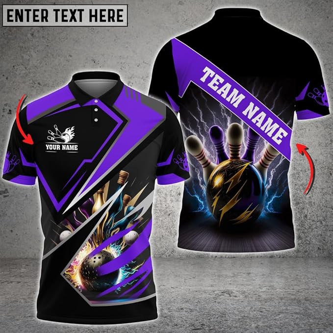 Custom Black And Purple Team Bowling Polo Shirt For Men, Custom Team Thunder Bowling Shirt BZ0024