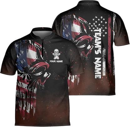 Custom Skull Bowling Polo Shirt For Men, Custom American Flag Skull Bowling Team Shirts BZ0190