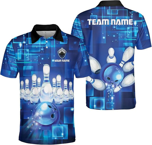 Custom Team Blue Bowling Polo Shirt For Men, Custom Bowling Shirt BZ0074