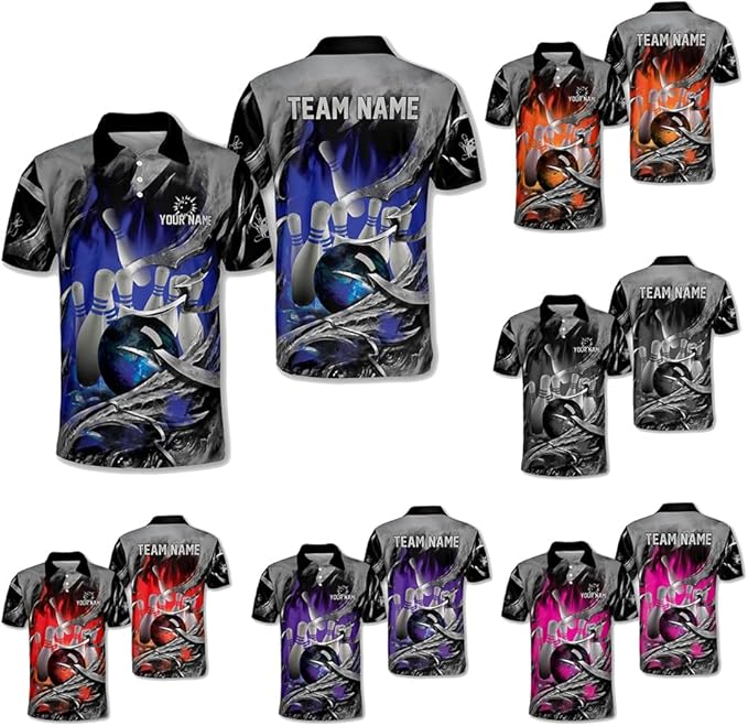 Custom Blue Flame Bowling Polo Shirt For Men, Custom Team Flame Bowling Shirt BM0286