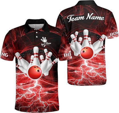 Custom Red Team Bowling Polo Shirt For Men, Custom Thunder Bowling Team Shirts  BZ0073