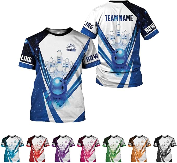 Custom White And Blue Team Bowling T Shirt For Men Women, Custom Bowling Shirt BZ0038