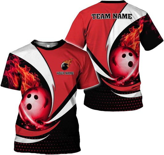 Custom Red Flame Ball Bowling T Shirt For Men, Custom Flame Bowling Team Shirts BZ0091