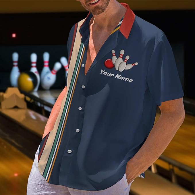 Custom Blue Retro Bowling Hawaiian Shirt For Men, Custom Retro Bowling Team Shirt  BZ0005