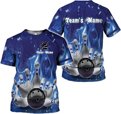 Custom Blue Flame Bowling T Shirt For Men, Custom Flame Bowling Team Shirts BZ0137