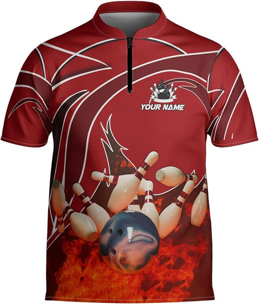 Custom Red Flame Bowling Jersey Shirt For Men, Custom Bowling Team Shirts BZ0179