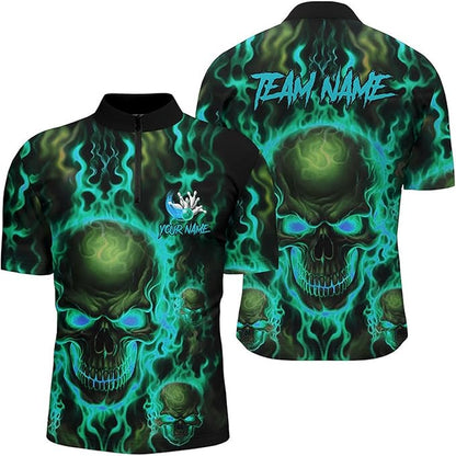 Custom Skull Bowling Jersey Shirt For Men, Custom Purple Flame Skull Bowling Team Shirts BZ0142