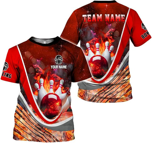 Custom Flame Bowling T Shirt For Men, Custom Red Flame Bowling Team Shirts BZ0084