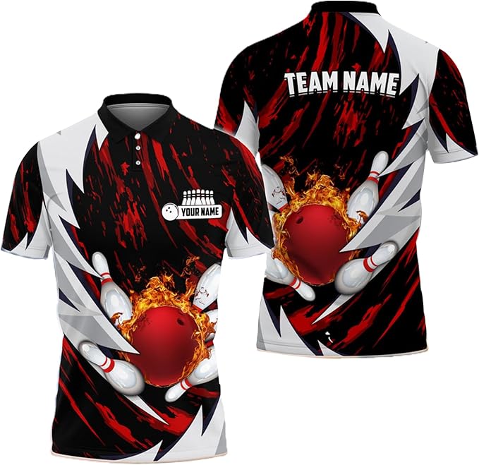 Custom Red Ball Flame Bowling Polo Shirt For Men, Custom Flame Bowling Team Shirts BZ0043