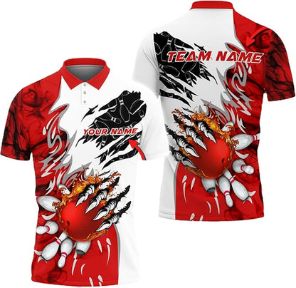 Custom Red Ball Flame Bowling Polo Shirt For Men, Custom Flame Bowling Team Shirts BZ0171