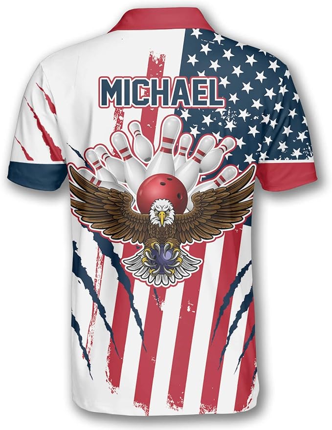 Custom American Eagle Flag Bowling Polo Shirt For Men, Custom Red White And Blue American Flag Bowling Shirts BZ0098