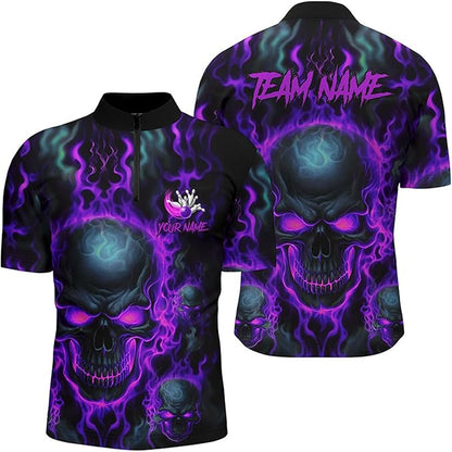 Custom Skull Bowling Jersey Shirt For Men, Custom Purple Flame Skull Bowling Team Shirts BZ0142