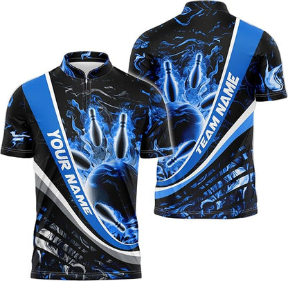 Custom Black And Blue Flame Bowling Jersey Shirt For Men, Custom Team Flame Bowling Shirt BZ0128