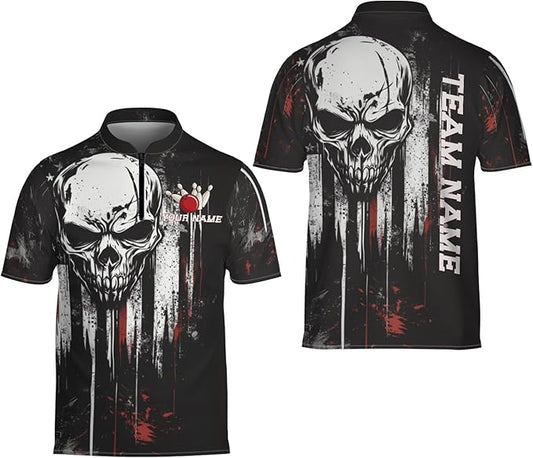 Custom Black Skull Bowling Jersey Shirt For Men, Custom Skull Bowling Team Shirts BZ0141