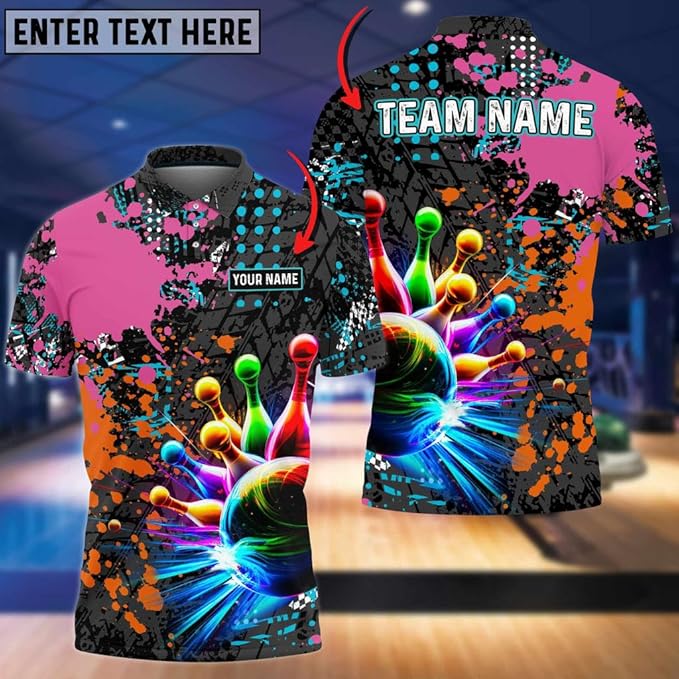 Custom Team Abstract Multicolor Bowling Polo Shirt For Men, Custom Bowling Shirt BZ0033